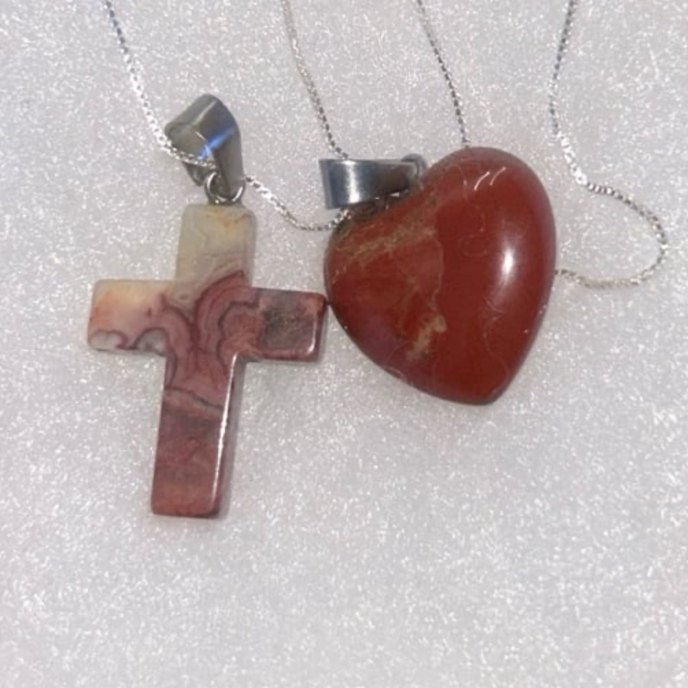 Boho Carnelian Agate Cross and Red Jasper Heart Sterling Silver 16” Necklace